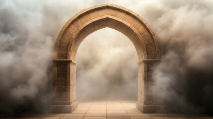 Mystical stone archway with heavy fog creating a surreal and mysterious atmosphere, perfect for fantasy or historical themes.