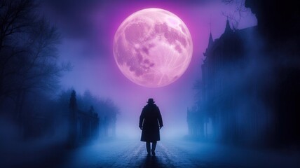 Silhouette of a person in a misty, eerie landscape under a pink full moon, evoking mystery and solitude in a dark corridor.