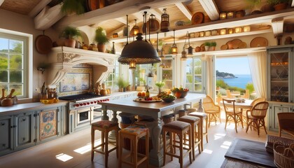 Fototapeta premium interior of restaurant, interior of a kitchen, cocina de casa en la playa estilo provenzal, A.I generativo