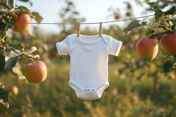 White baby onesie hanging on a clothesline in an apple orchard, autumn pregnancy baby announcement 