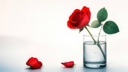 A single red rose in a glass vase, with fallen petals on a white background, symbolizing love and beauty in simplicity.