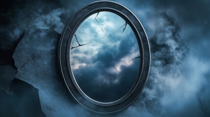 A surreal fantasy landscape featuring a circular mirror reflecting a cloudy sky, surrounded by an ethereal mist.