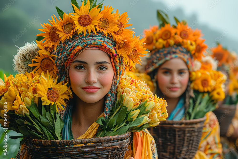 Poster a group of women dressed in traditional clothing, carrying baskets of flowers as offerings during a 