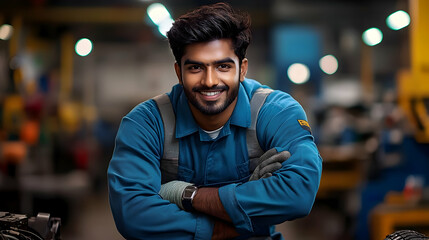Obraz premium A smiling worker in a blue uniform poses confidently in an industrial setting.