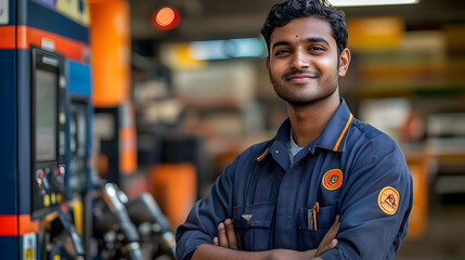 Fototapeta premium A smiling worker stands confidently at a fuel station, showcasing a friendly service environment.