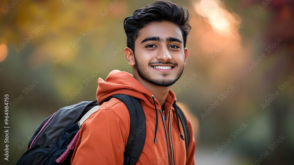 Wall mural A smiling young man with a backpack in a natural setting during autumn.