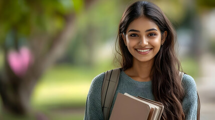 Fototapeta premium A smiling young woman holds books outdoors, conveying a sense of joy and education.
