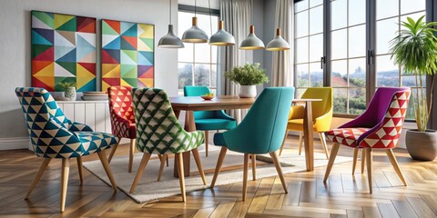 Bold and eclectic dining chairs with vibrant colors, geometric patterns, and unusual shapes stand out as a striking
