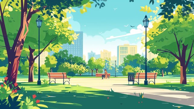 Beautiful Urban Park Landscape Illustration with Benches, Trees, and City Buildings in Background