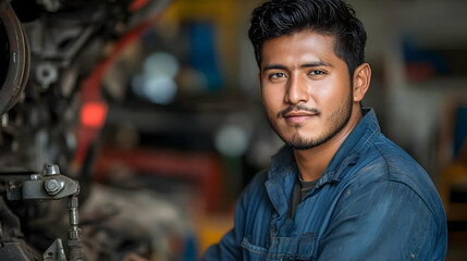 Fototapeta premium A young mechanic smiling while working in an automotive workshop.