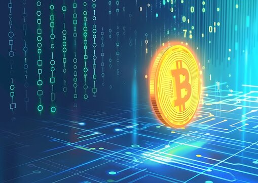 Bitcoin Crypto Currency Logo with Glowing Data Points and Binary Code Futuristic Vector Illustration