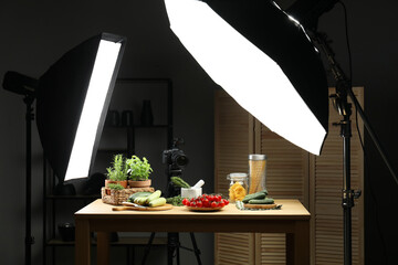 Shooting food in photo studio with professional lighting equipment