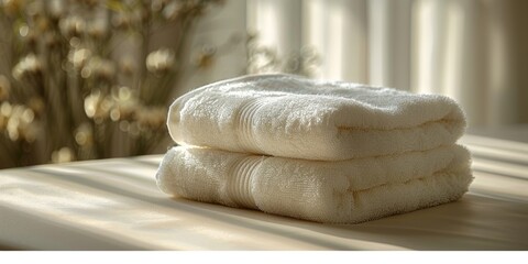 Fluffy towel neatly folded against white surface evoking sense of comfort and tranquility.