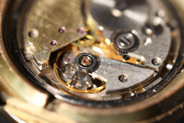 Mechanism of vintage wrist watch, closeup view
