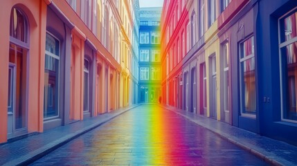 Rainbow alleyway with colorful buildings.