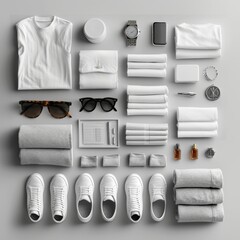 Minimalist wardrobe essentials neatly arranged on a pristine white background, showcasing simplicity and elegance. Refined fashion concept