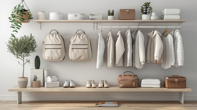 Minimalist wardrobe items organized against a white background, embodying simplicity and contemporary style. Modern fashion concept