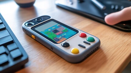 Top-down view of a retro handheld game console, 