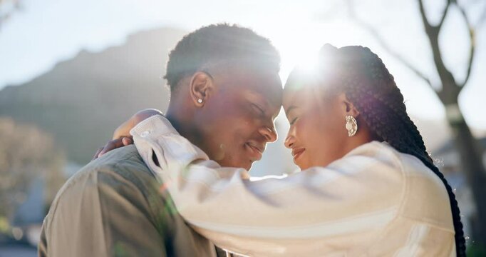 Love, black couple and happy with dancing outdoor for favorite song, radio playlist and bonding in nature. Dancer, people and moving with affection on anniversary date, summer romance and lens flare