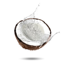 Fresh coconut water splashing from nut in air on white background