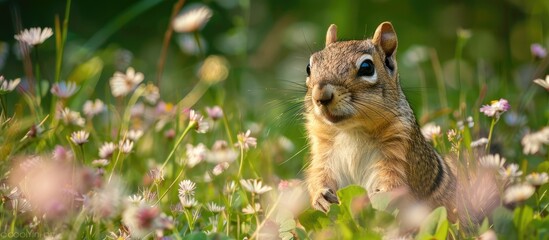 Naklejka premium European Ground Squirrel Eat On Green Meadow Spermophilus Citellus