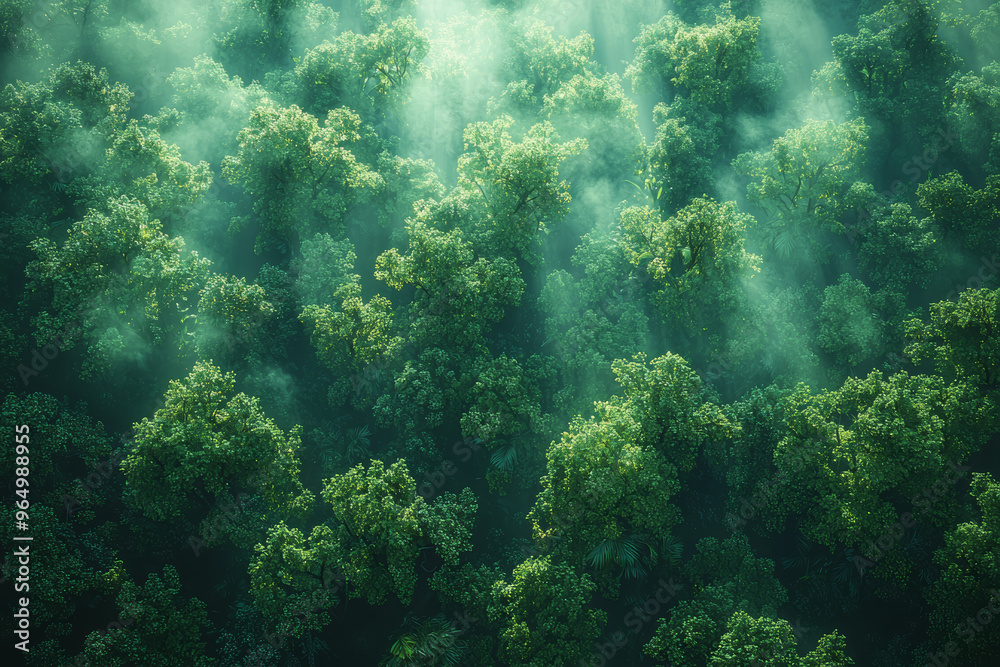 Canvas Prints aerial view of a dense jungle with a labyrinth of tree canopies and vibrant plant life, showcasing b