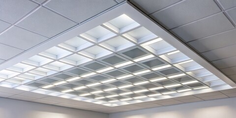 Fototapeta premium Elegant modern bright white recessed office ceiling light fixture featuring square panels for a sleek and sophisticated