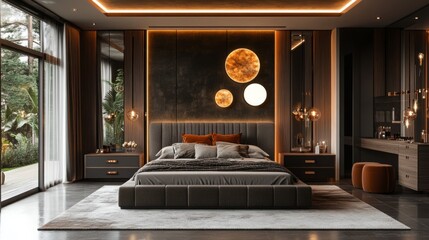 Fototapeta premium Luxurious Modern Bedroom with High-End Materials and Sophisticated Design