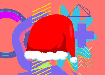 Santa Hat geometrical graphic retro theme Christmas background. Minimal geometric elements. Vintage abstract shapes vector illustration.