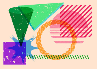 Colorful geometric shapes. Object in trendy riso graph design. Geometry elements abstract risograph print texture style.