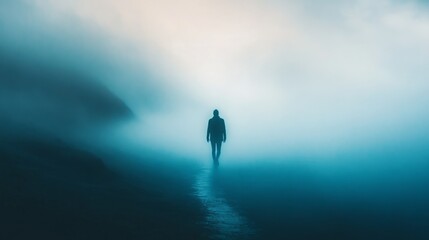 Fototapeta premium A lone figure walks through a foggy landscape, the blue hues creating a sense of mystery.