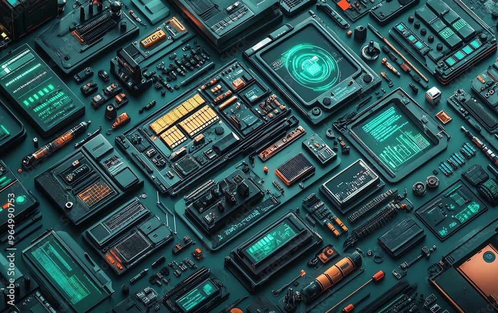 Poster Intricate network intrusion toolkit with detailed gadgets, including signal jammers, data extractors, and digital decryption devices