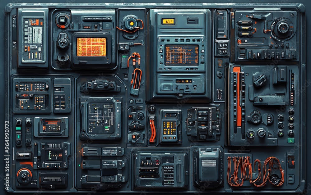 Fototapete Intricate network intrusion toolkit with detailed gadgets, including signal jammers, data extractors, and digital decryption devices