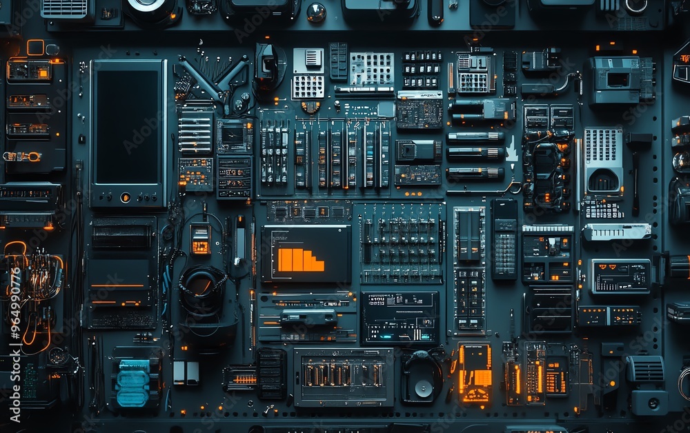 Poster Intricate network intrusion toolkit with detailed gadgets, including signal jammers, data extractors, and digital decryption devices