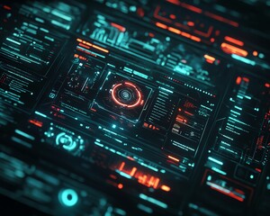 Obraz premium Advanced hacking software interface with complex algorithms, encrypted communication channels, and a dark, hightech background