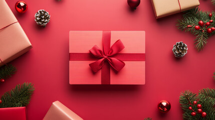 A beautifully wrapped pink gift box with red ribbon sits among festive decorations, creating cheerful holiday atmosphere.
