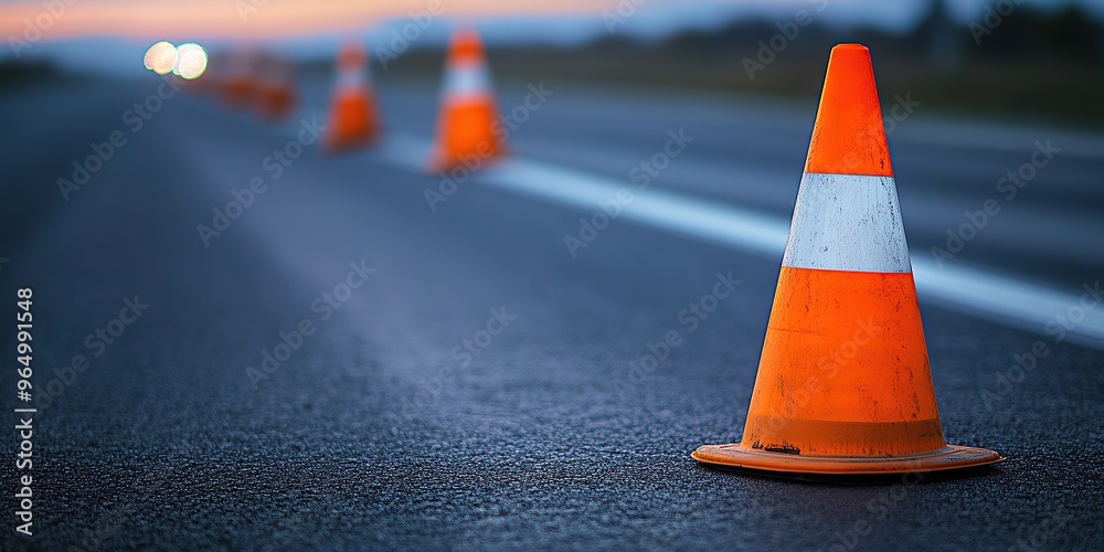 Wall mural photo of traffic cones on the side of an empty highway, white and orange traffic cone with reflectiv