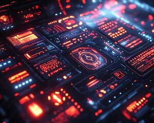 Fototapeta premium Hightech hacking toolkit with advanced digital interfaces, encrypted devices, and sleek, futuristic design elements in a darkened environment