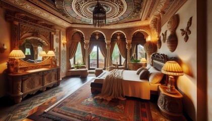 Obraz premium Interior of a luxurious ethnic style house, bedroom with comfortable bed, view of the forest at sunset, created with A.I. generative.