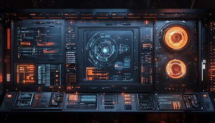 Obraz premium Hightech hacking toolkit with advanced digital interfaces, encrypted devices, and sleek, futuristic design elements in a darkened environment