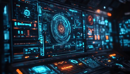 Fototapeta premium Hightech hacking toolkit with advanced digital interfaces, encrypted devices, and sleek, futuristic design elements in a darkened environment