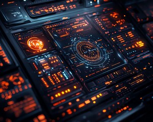 Obraz premium Hightech hacking toolkit with advanced digital interfaces, encrypted devices, and sleek, futuristic design elements in a darkened environment