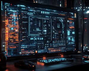 Fototapeta premium Hightech hacking toolkit with advanced digital interfaces, encrypted devices, and sleek, futuristic design elements in a darkened environment