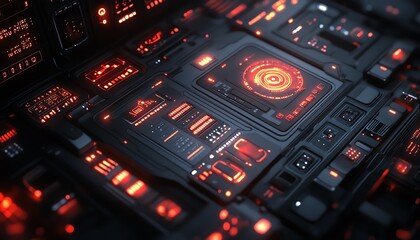 Obraz premium Hightech hacking toolkit with advanced digital interfaces, encrypted devices, and sleek, futuristic design elements in a darkened environment