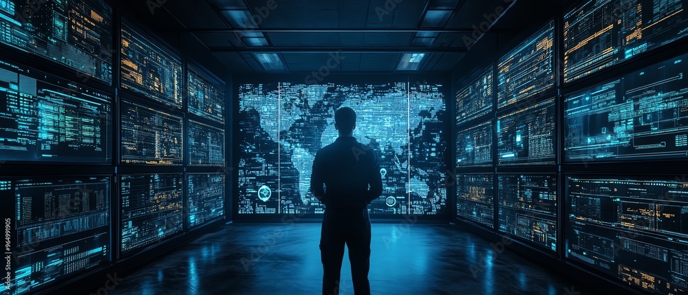 Aufkleber Advanced information security simulation with interactive digital environments, featuring data protection strategies, threat detection systems, and secure infrastructure