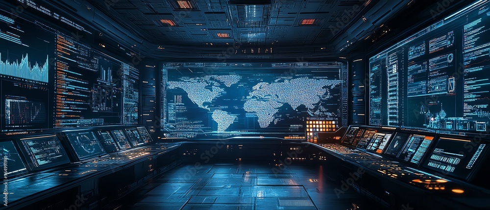 Poster Advanced information security simulation with interactive digital environments, featuring data protection strategies, threat detection systems, and secure infrastructure