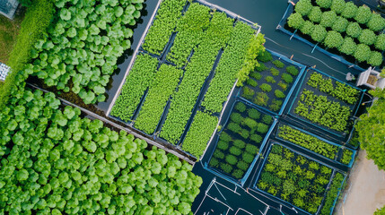 Aerial view of vibrant fish farm integrated with lush green plants, showcasing sustainable aquaculture system.