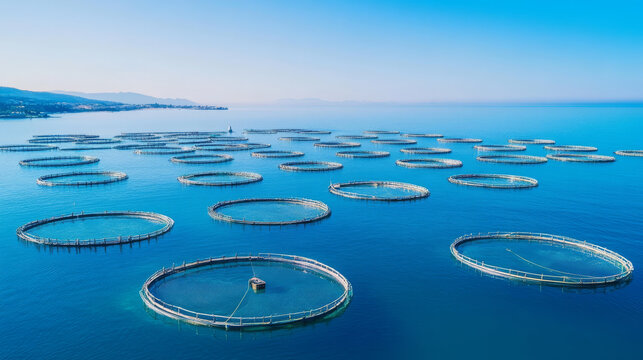 Aerial view of vast coastal fish farm with numerous circular enclosures in clear blue water, showcasing aquaculture practices.