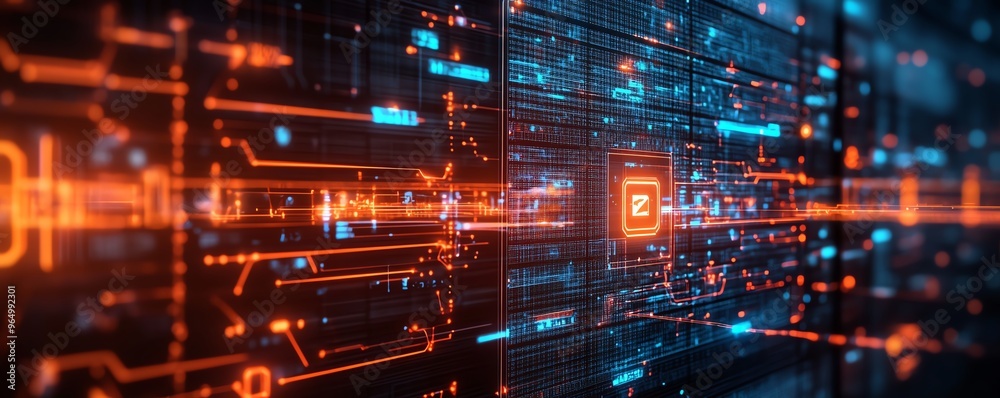 Poster Closeup of a secure data center with stateoftheart cybersecurity systems, featuring encrypted servers, firewalls, and digital security measures