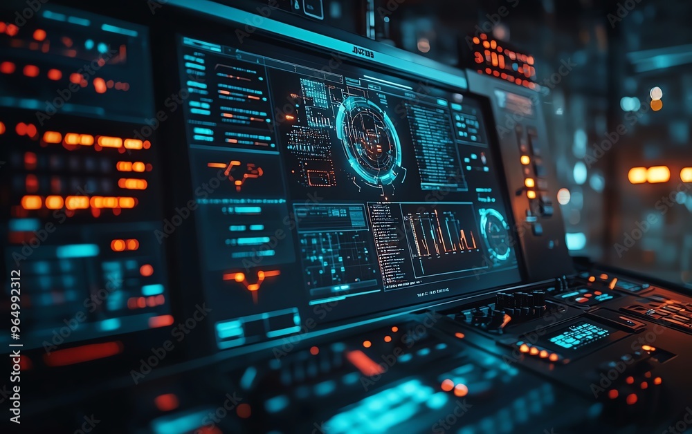 Poster Closeup of a wireless hacking console with interactive displays, showing captured signals, data breaches, and advanced decryption tools
